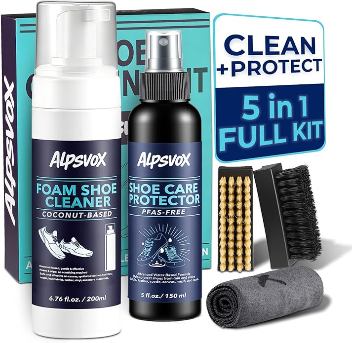 Shoe Cleaner Kit, Sneaker Cleaner Kit with 6.76 oz Shoe Cleaner Foam & 5 oz Shoe Protector Spray, Includes 2 Premium Brushes & Microfiber Towel for White Shoes, Leather, Mesh, Knit, Canvas, Boots