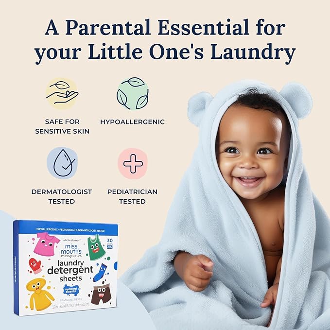 Miss Mouth's Laundry Detergent Sheets - 120 Loads, Pack of 2 - Hypoallergenic Cleaning for Sensitive Skin - Fragrance-Free Detergent - Travel Essentials with Laundry Sheets for On-the-Go Use