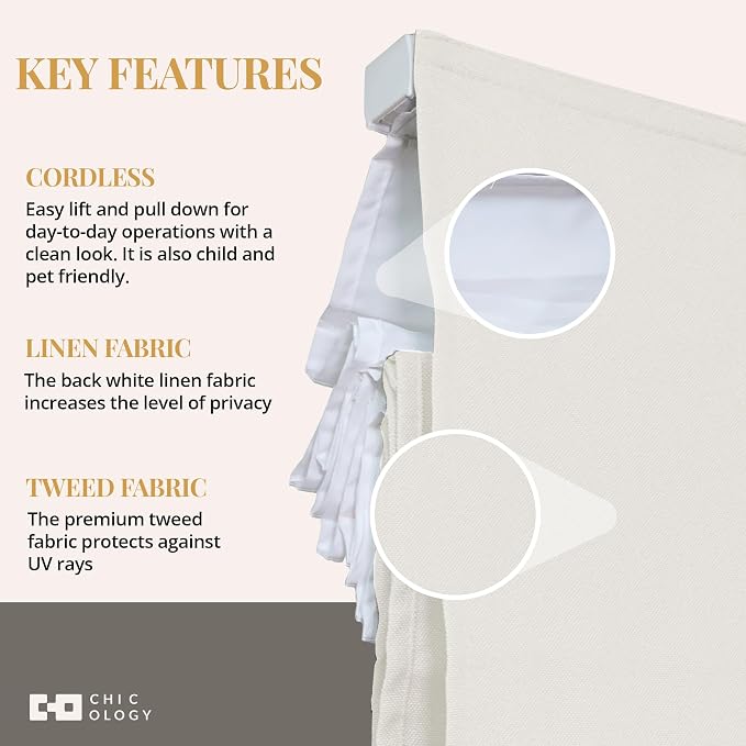 Chicology Cordless Roman Window Shade, Ridgewood Cream, 34" W x 72" H | Cordless Child-Safe, Room Darkening UV, Inside/Outside Mount, True-to-Size No Cut, Rich Textured Fabric, Spot-Clean Care Only