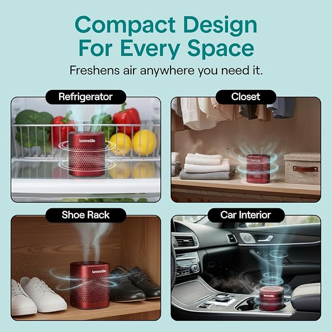 SereneLife Fridge Deodorizer & Odor Eliminator, Multi-Use Refrigerator Deodorizer Aluminum Pod for Freezer, Closet, Car, Shoes & Enclosed Spaces, Compact, Reusable & Lasts Up to 10 Years (Red)