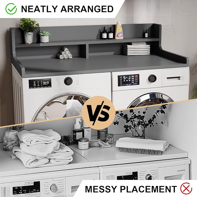 Washer Dryer Countertop, 54" x 27.55" 2-Tier Washer Dryer Topper with Edge, for Laundry Room Organization Gray