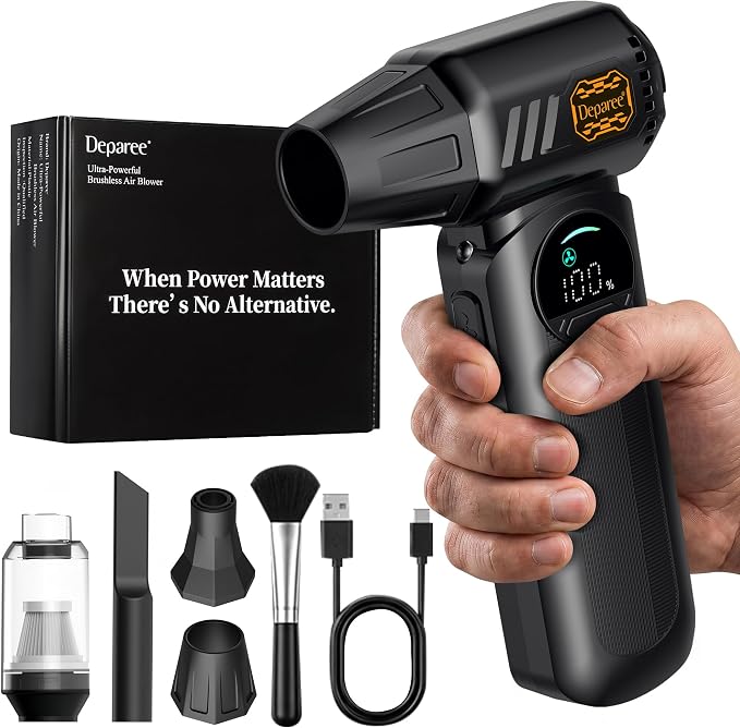 Compressed Air Duster,150000RPM Powerful Brushless Motor Electric Air Duster, Infinite Speed & Fast Charging, Rechargeable Cordless Air Blower with Vacuum Function for PC Keyboard, Car & Home – Black