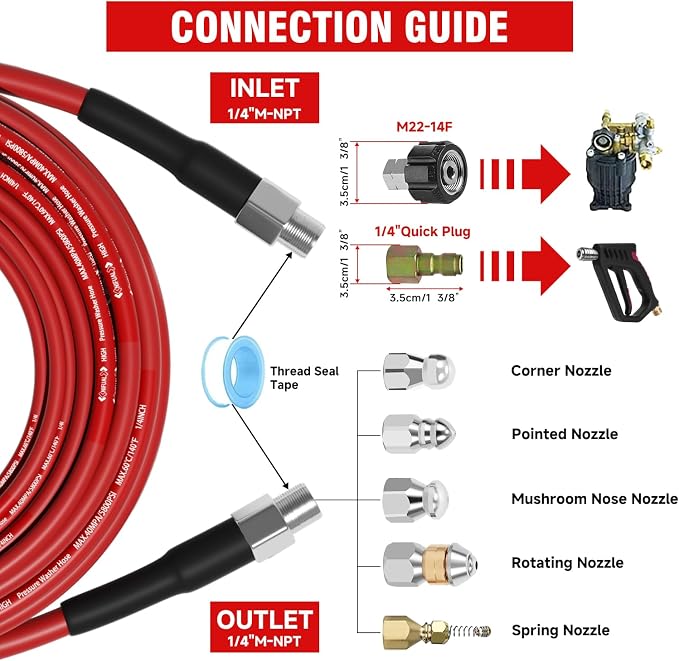NIFUAL Sewer Jetter Kit for Pressure Washer,100FT 5800PSI Pressure Drain Cleaner 1/4 Inch NPT Corner Rotating and Button Hose Sewer Jetting Nozzle for Homeowners & DIYers