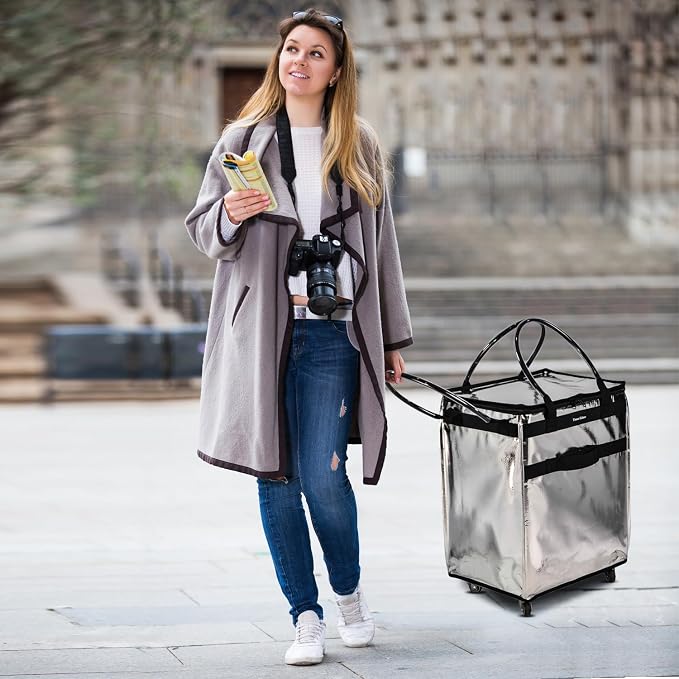 Reusable Grocery Bag On Wheels Large Capacity Shopping Trolley Foldable Rolling Tote Bag with Heavy Duty Handle for Travel (Silver, Large)