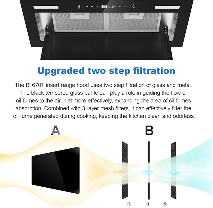 JOEAONZ Range Hood Insert 30 Inch 800 CFM, Built-in Vent Hood Black Glass Gesture & Touch Control Kitchen Exhaust Fan, Mesh Filters Recirculating Stove Hood Dual LED Lights Ducted/Ductless Convertible