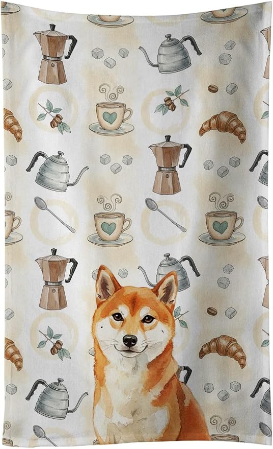 Caroline's Treasures Red Shiba Inu Coffee Bar Kitchen Towel Velour Plush Front and Cotton Loop Back Machine Washable