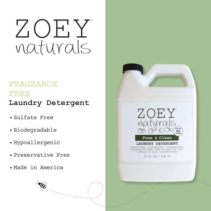 Zoey Naturals - Baby Laundry Detergent, Free & Clean – Hypoallergenic Plant-Based Liquid for Sensitive Skin – Sulfate, Dye & Fragrance Free – Concentrated HE Formula – 32 fl oz