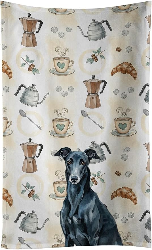 Caroline's Treasures Black Greyhound Coffee Bar Kitchen Towel Velour Plush Front and Cotton Loop Back Machine Washable