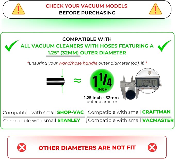 1.25 Inch Stainless Steel Vacuum Extension Wand Compatible with Vacuums using 1 1/4 Inch (1.25in) 32mm Accessories - 1 1/4 Vacuum Extension Tube for Shop Vac (Extension Wand and Hard Floor Brush)