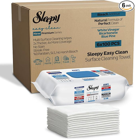 Sleepy Easy Clean XL Heavy Duty Cleaning Wipes (600 Count) – Chlorine-Free Bleach & Vinegar Formula – Large 8"x8" Multi Surface Scrubbing Wipes for Bathroom, Grout, Tile, Glass, Carpet Spots & Stain