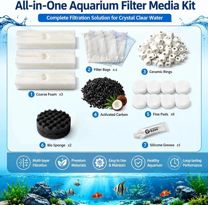 21 PCS Aquarium Media Filter Kits Replacement for Fluval FX4 / FX5 / FX6 Canister Filters, Including Bio-Foam Block, Carbon Sponge Filter, Ceramic Ring, Activated Carbon, Silicone Lubricant, Mesh Bag