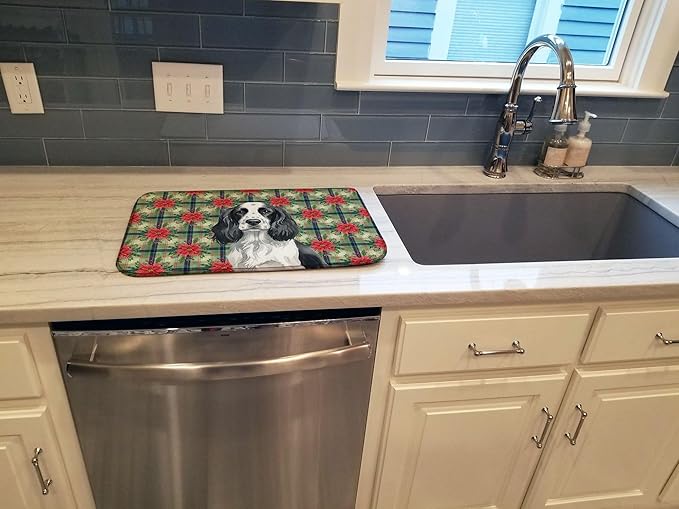 Caroline's Treasures Black and White English Springer Spaniel Christmas PoinsettIas Dish Drying Mat Absorbent Dish Drying Mat Pad for Kitchen Counter Dish Drainer Mat for Countertop, 14 x 21"