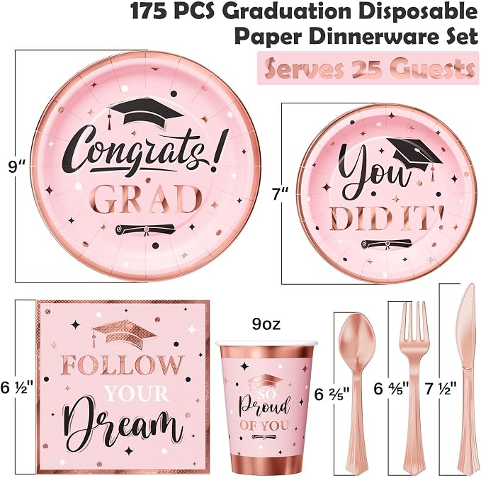 Graduation Decoration Class of 2026 Pink Graduation Decoration 175 PCS - Rose Gold Grad Party Supplies Disposable Dinnerware (Serves 25) Paper Plates Cup Napkin Fork Knife Spoon (Pink & Black)