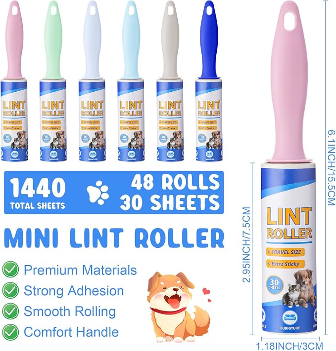 Hushee 48 Pack Mini Lint Roller for Travel, 1440 Sheets 6'' Small Portable Lint Removers for Pet Hair, Clothes and Debris