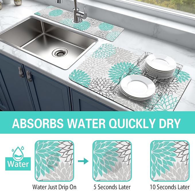 Dish Drying Mat for Kitchen Counter Matt, 2PCS 19"x12" Dish Drainer Mat & 24"x5.5" Sink Splash Guard, Super Absorbent Non-slip Rubber Backed
