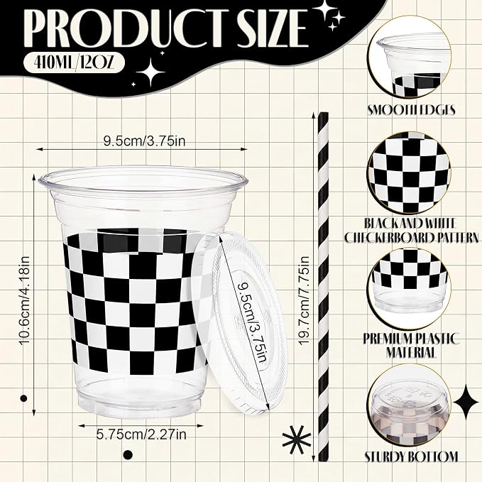 Domensi 25 Sets Checkered Plastic Cups with Lids and Paper Straws 12oz Black and White Disposable Drinking Cups Bulk for Cold Drinks Baby Shower Wedding Race Car Theme Birthday Party Supplies