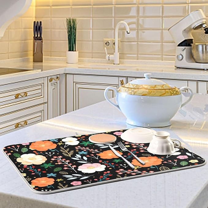 Large Drying Matt for Kitchen Counter Colorful Flowers Microfiber Dish Drying Pad for Dishes Sink Countertop 18'' x 24''
