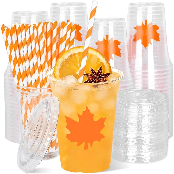 Whaline 50 Pcs 12 Oz Fall Maple Leaf Plastic Cups with Lids and Straws Autumn Classic Maple Cup Clear Orange Leaves Cold Beverage Drinking Cups for Fall Theme Harvest Thanksgiving Party Supplies