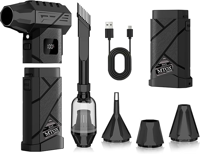 MTOX Compressed Air Duster, 150,000 RPM & 2 Spare Batteries, 2-in-1 Cordless Blower & Vacuum with LED Light, Rechargeable Electric Cleaner for Keyboard, PC Tower, Car (Deep Gray)