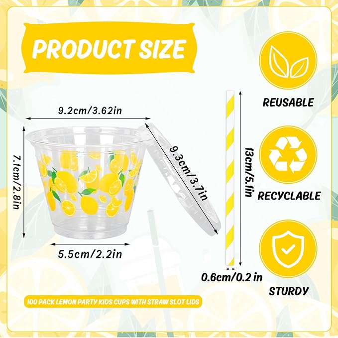 FYSUIMU 100Pcs Lemon Disposable Plastic Cups with Lids and Straws 9Oz Cute Yellow Lemonade Cold Beverage Drinking Cups for Summer Birthday Baby Shower Party Supplies