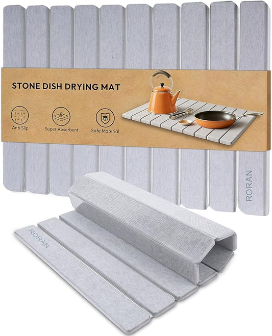 Stone Drying Mat for Kitchen Counter, 24"(L)×16"(W), Drying Matt Kitchen Counter, Quick Dry Stone Dishes Mats, Foldable Diatomaceous Earth Mat (Dove Gray)