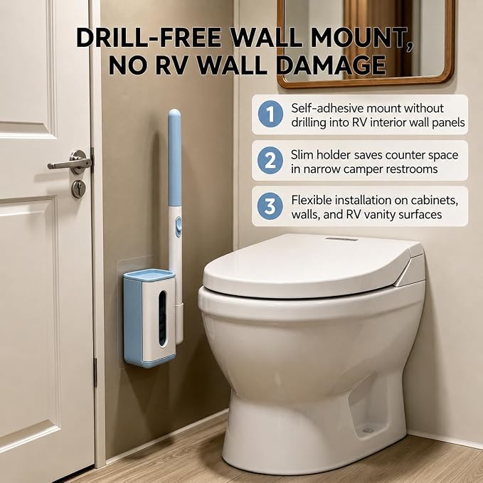 RV Toilet Brush & Holder, Wall Mount Toilet Cleaner with 56 Cleaner Refills | Hands-Free Toilet Bowl Wand Kit for RV Camper & Small Bathroom