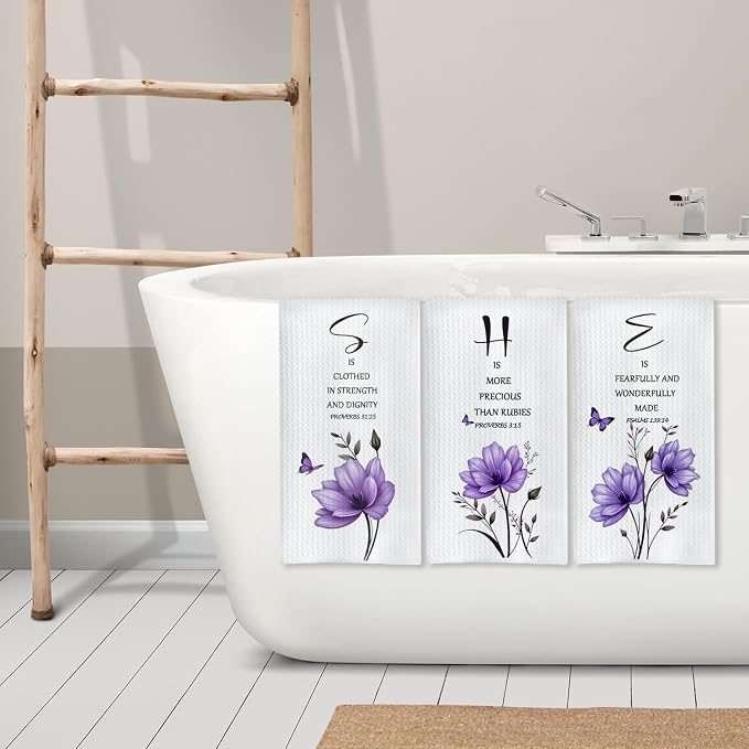 Purple Floral Christian Kitchen Towels, Inspirational Bible Verses Hand Towels for Bathroom Decor, Christian Gifts for Women, Religious Decor Dish Tea Towels for Kitchen, 16x24 Inch Set of 3