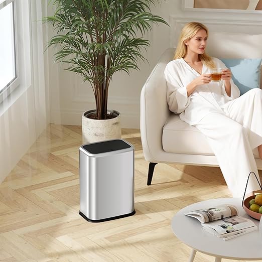 Bathroom Trash Can with Lid, 8L/2.1 Gallon Silver Trash Can Small Garbage Can with Press Top Lid Slim Stainless Steel Garbage Can with 100 Counts Trash Bags for Bathroom Bedroom Kitchen Office Toilet