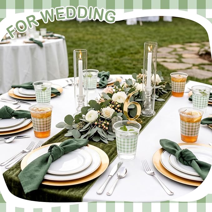 Qinyoung Checkered Plastic Cups 12oz Gingham Party Disposable Cups Bulk Drinking Cup for Cold Drinks Baby Shower Wedding Summer Birthday Party Supplies(Sage Green and White,50 Pcs)