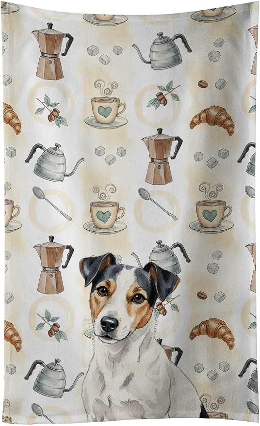 Caroline's Treasures White with Black Markings Russell Terrier Coffee Bar Kitchen Towel Velour Plush Front and Cotton Loop Back Machine Washable
