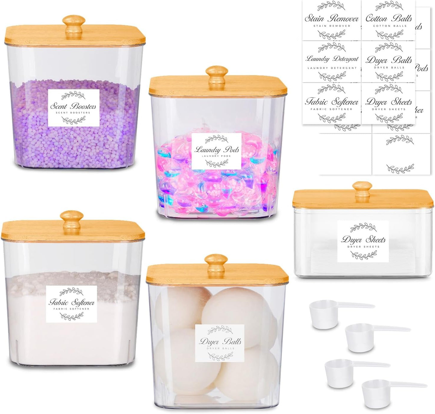 efluky 4+1 pack Laundry Pods Container & Dryer Sheet Holder Set,Clear Laundry Room Organization Containers with Bamboo Lids and Labels,Laundry Pods Holder for Scent Booster,Powder,Pod