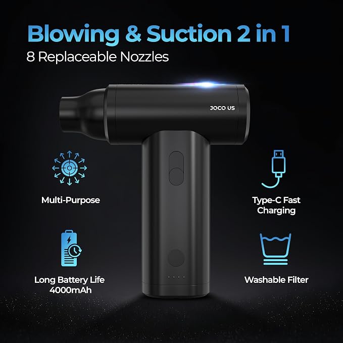 Upgraded Full Metal Air Duster and Vacuum Cleaner 8-in1, 110 000 RPM, 4000mAh, Quick Charge Cordless Blower for Keyboard-Office-Home-Electronic-Inflator