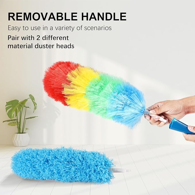 Rainbow Static Duster 24inch Reusable Microfiber Electrostatic Dusters with 2 Beandable and Washable Duster Head for Cleaning Home, Office, Car