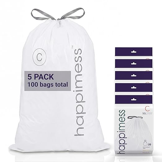 happimess 13.2 Gallon (50L) Drawstring Trash Bags, Unscented, White, Heavy Duty LDPE Liners for Kitchen and Household, Custom Fit 100 Count (5 Packs of 20 Liners) HPM3000C-W-5SET