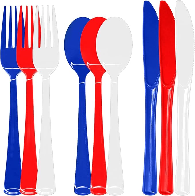153Pcs Red White and Blue Plastic Silverware, 4th of July Silverware, Red White Blue Utensils Set Includes Spoons, Forks and Knives for 4th of July, World Cup, BBQs & Picnics