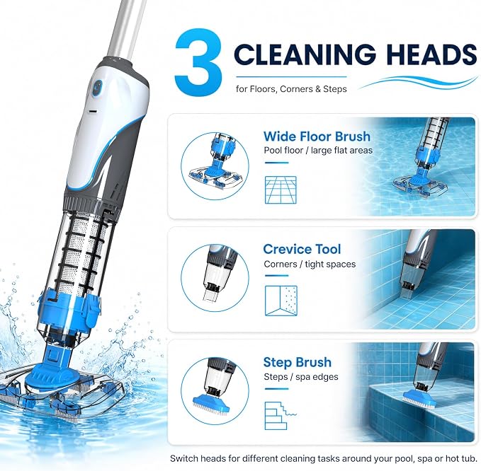 Cordless Pool Spa Vacuum Cleaner Rechargeable Handheld Pool Vacuum with 60-Min Runtime Dual Filtration 3 Cleaning Heads Telescopic Pole for Sand Leaves Hot Tubs Above Ground & Small Pools