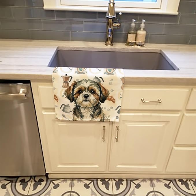 Caroline's Treasures Brindle Shih Tzu Coffee Bar Kitchen Towel Velour Plush Front and Cotton Loop Back Machine Washable