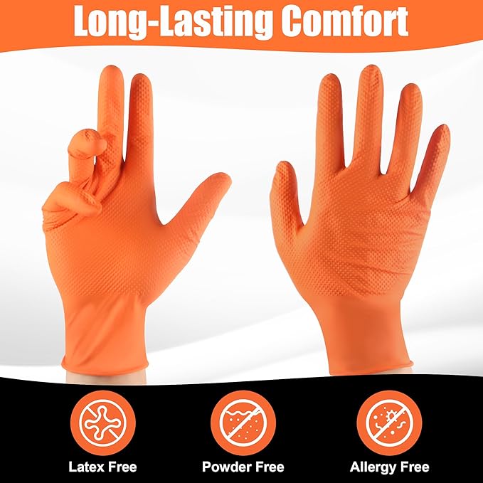 TREEGO Heavy Duty Orange Nitrile Gloves 10 Mil Disposable Rubber Work Gloves - Double Diamond Grip, Mechanic Rubber Gloves for Automotive & Industrial Use, Latex Free, 100 Count Medium
