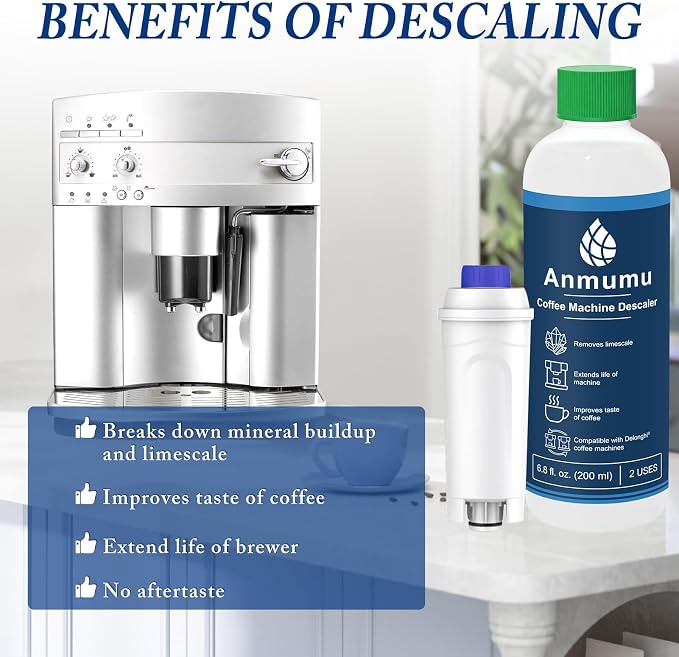 Anmumu Delonghi* Compatible Descaling Kit with 1 Pack Coffee Filter Replacements,Includes Descaling Solution(200ML)&DLSC002 Water Filters,Fits ECAM,Esam,ETAM Machines for Clean Brewing