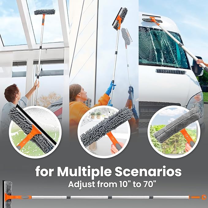 ARTIPOLY Professional Window Squeegee Cleaner, 2 in 1 Shower Squeegee with Extension Pole, 65”Telescopic Window Washing Equipment with 180°Adjustable Head, Glass Cleaning Tools for Outdoor High Window
