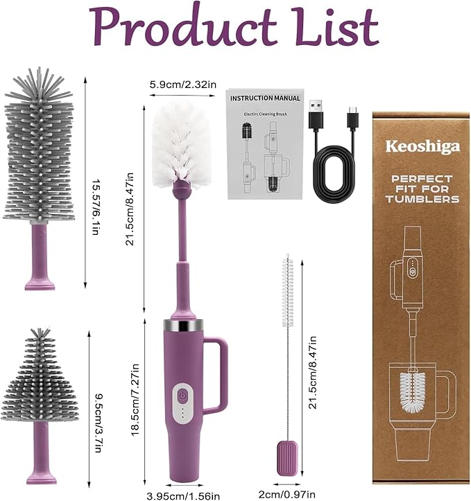 5 in 1 Electric Bottle Brush Cleaner Compatible Stanley Bottle Brush Straw Cleaner Multifunction Rechargeable IPX6 Waterproof Extra Long Design for Stanley Cup, Sports Bottle and More (Purple-1)