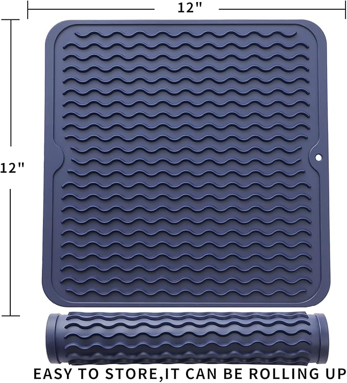 MicoYang Silicone Dish Drying Mat for Multiple Usage,Easy clean,Eco-friendly,Heat-resistant Silicone Mat for Kitchen Counter or Sink,Refrigerator or Drawer liner Navy Blue M 12 inches x 12 inches