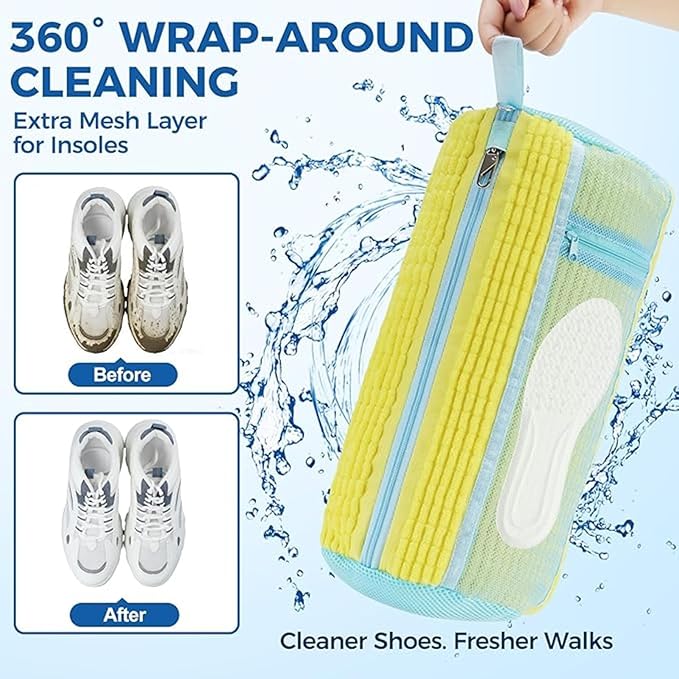 Shoe Washing Machine Bag 2 Pack, Laundry Shoe Bags with Insole Pocket, Reusable Shoe Cleaning Bags for Washer and Dryer, Protective 360° Deep Clean for Sneakers Tennis All Shoes Types（Yellow）