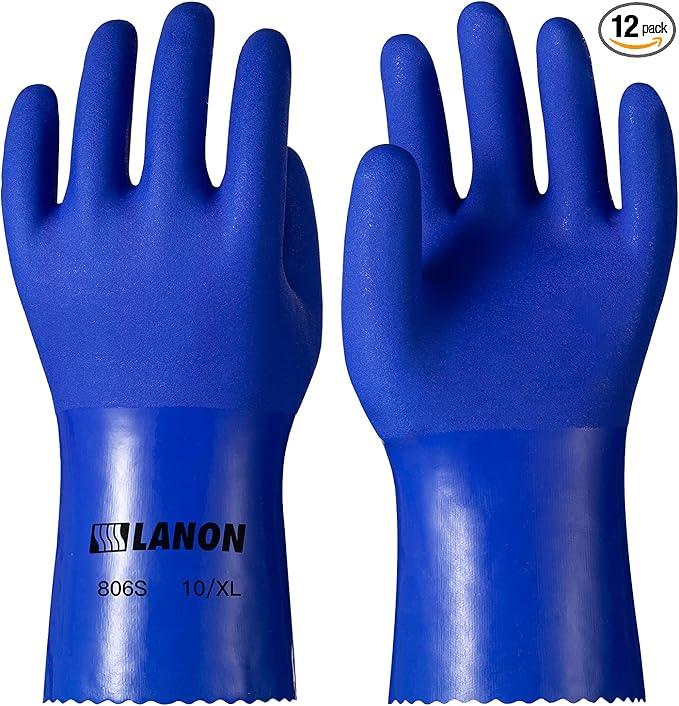 LANON 6 Pairs PVC Chemical Resistant Gloves, Heavy-Duty Rubber Gloves, Acid, Alkali and Oil Protection, Non-Slip, XL