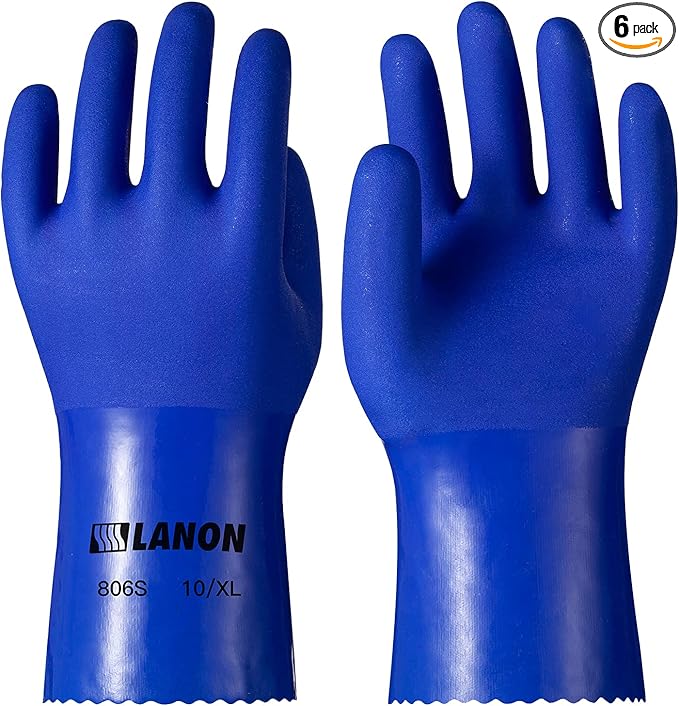 LANON 6 Pairs PVC Chemical Resistant Gloves, Heavy-Duty Rubber Gloves, Acid, Alkali and Oil Protection, Non-Slip, Blue, Large