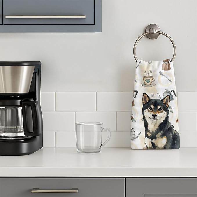Caroline's Treasures Black and Tan Shiba Inu Coffee Bar Kitchen Towel Velour Plush Front and Cotton Loop Back Machine Washable