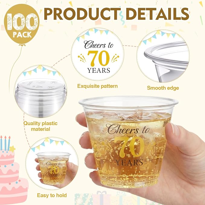 LemonRoad 100 Pack 70th Birthday Cup 9 oz Cheers to 70 Years Birthday Disposable Clear Plastic Cocktail Cups Hot Cold Beverage Drinks for Men Women Wedding Anniversary Decorations Party Favors