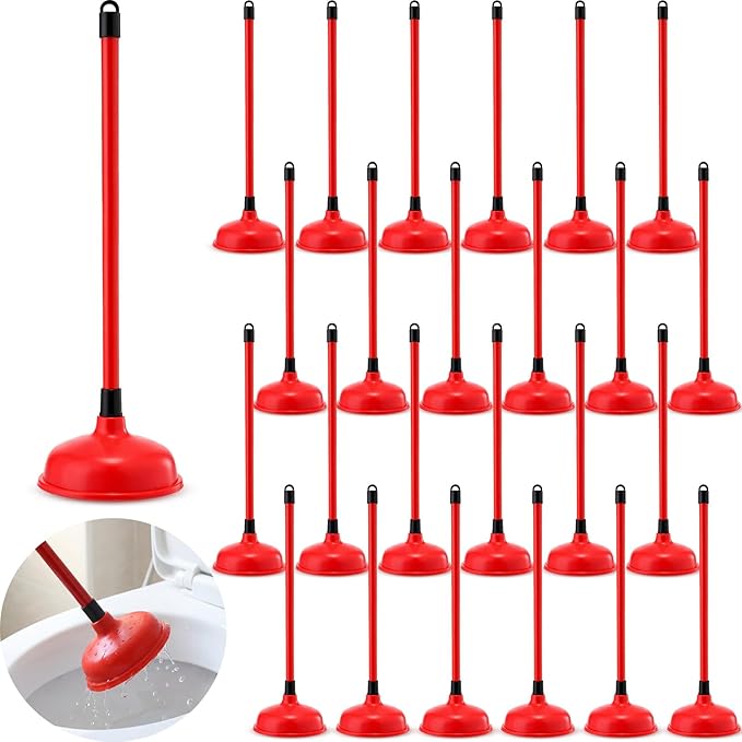 Reallnaive 24 Pack Toilet Plungers Bulk with 19.7 Inch Long Handle Force Suction Cup Rubber Plunger for Bathroom to Fix Clogged Toilets Drains (Red)
