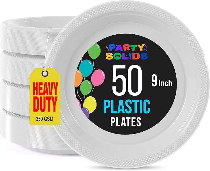 Exquisite 9 Inch White Plastic Dinner Plates - 50 Count Heavy Duty Disposable Set for Parties