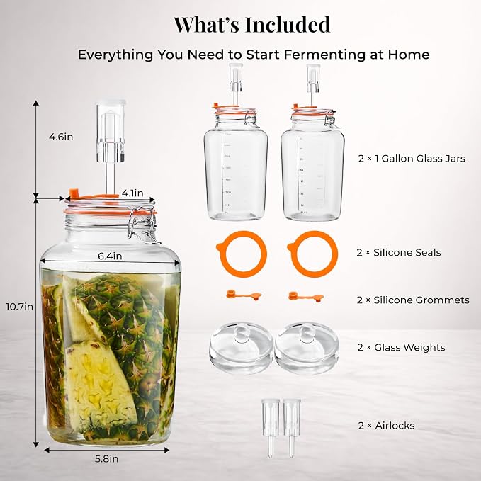 1 Gallon Fermentation Jars with Airlocks & Glass Weights, 2-Pack | Self-Burping Airlocks Vent Gas, Glass Weights Keep Food Below the Brine for Easier, More Consistent Homemade Fermentation